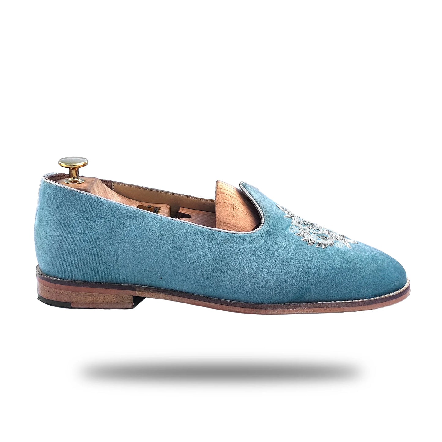 Sky Blue Velvet White Zardozi Handwork Wedding Shoes Ethnic Mojari for Men