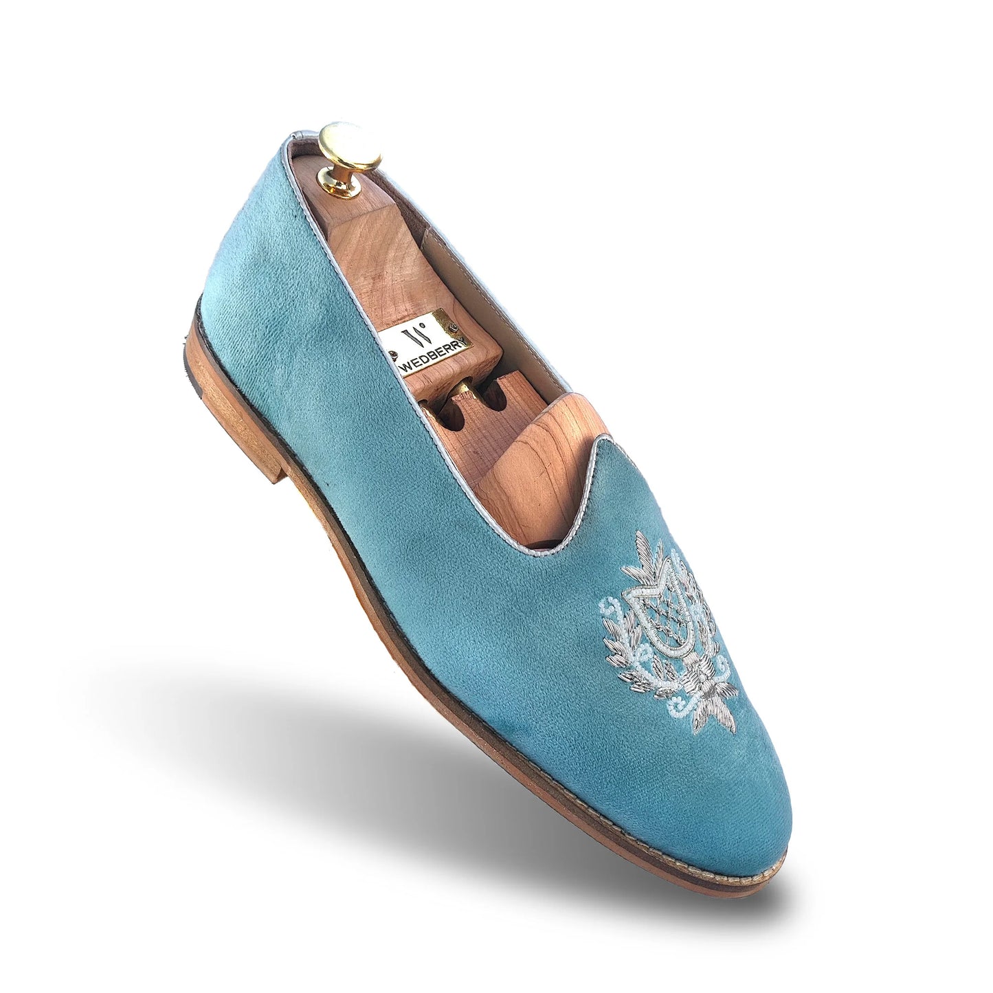 Sky Blue Velvet White Zardozi Handwork Wedding Shoes Ethnic Mojari for Men