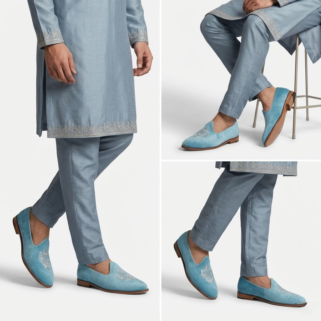 Sky Blue Velvet White Zardozi Handwork Wedding Shoes Ethnic Mojari for Men