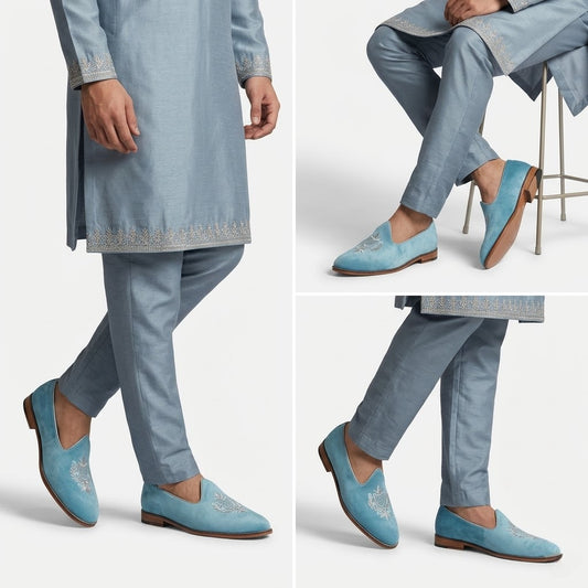 Sky Blue Velvet White Zardozi Handwork Wedding Shoes Ethnic Mojari for Men