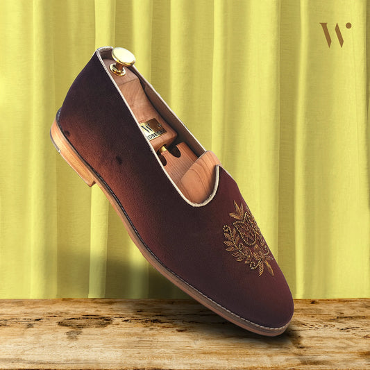 Brown Velvet Antique Gold Zardozi Handwork Wedding Shoes Ethnic Mojari for Men