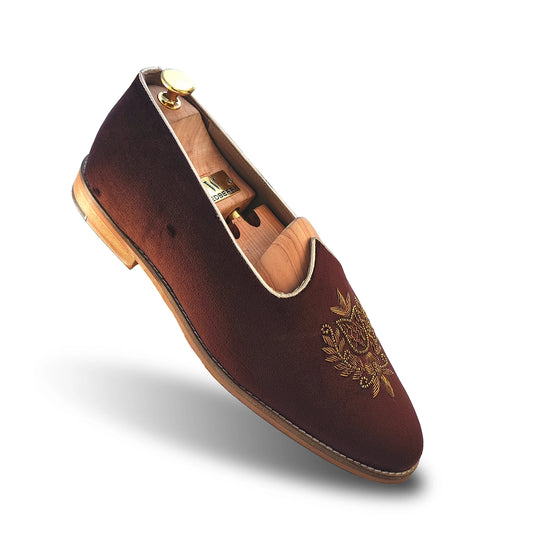 Brown Velvet Antique Gold Zardozi Handwork Wedding Shoes Ethnic Mojari for Men