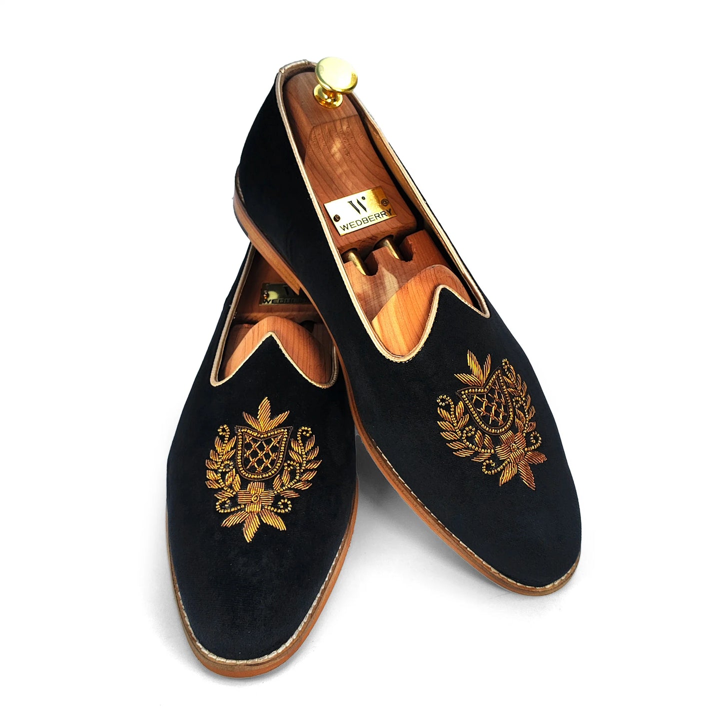 Black Velvet Antique Gold Zardozi Handwork Wedding Shoes Ethnic Mojari for Men