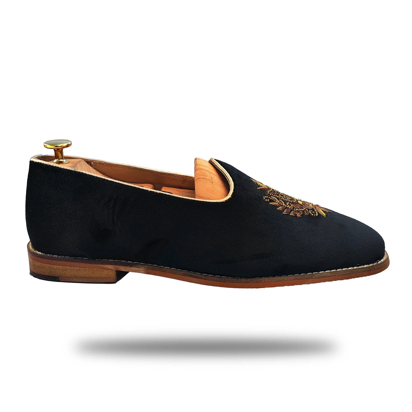 Black Velvet Antique Gold Zardozi Handwork Wedding Shoes Ethnic Mojari for Men