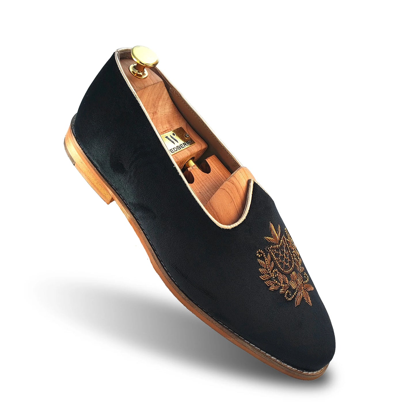 Black Velvet Antique Gold Zardozi Handwork Wedding Shoes Ethnic Mojari for Men