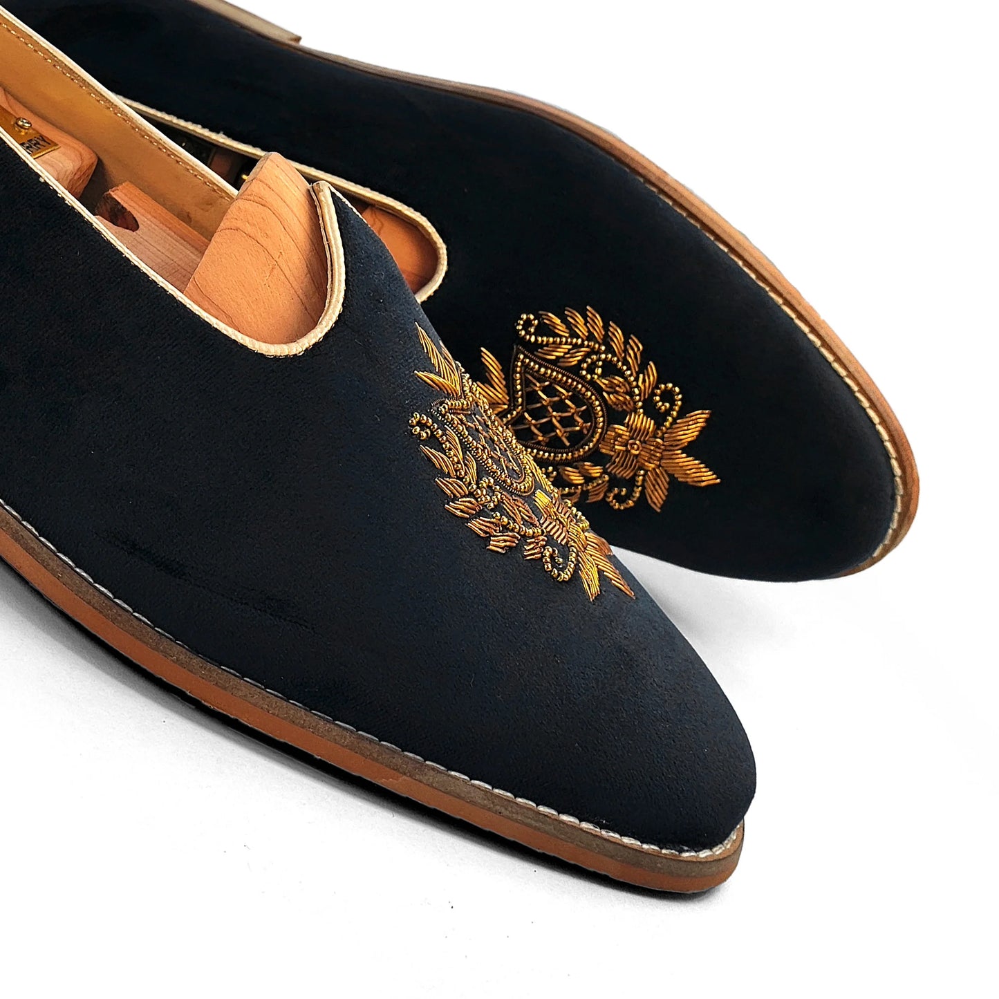 Black Velvet Antique Gold Zardozi Handwork Wedding Shoes Ethnic Mojari for Men