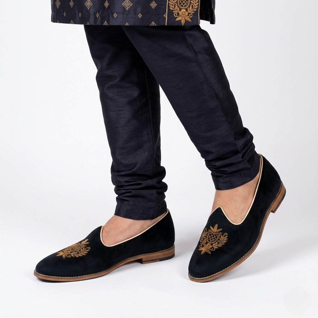 Black Velvet Antique Gold Zardozi Handwork Wedding Shoes Ethnic Mojari for Men