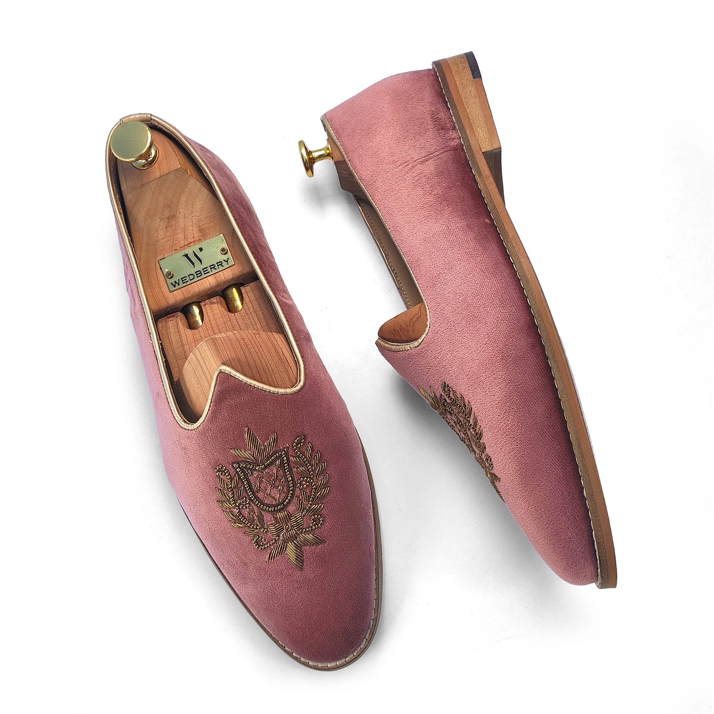 Pink Velvet Antique Gold Zardozi Handwork Wedding Shoes Ethnic Mojari for Men