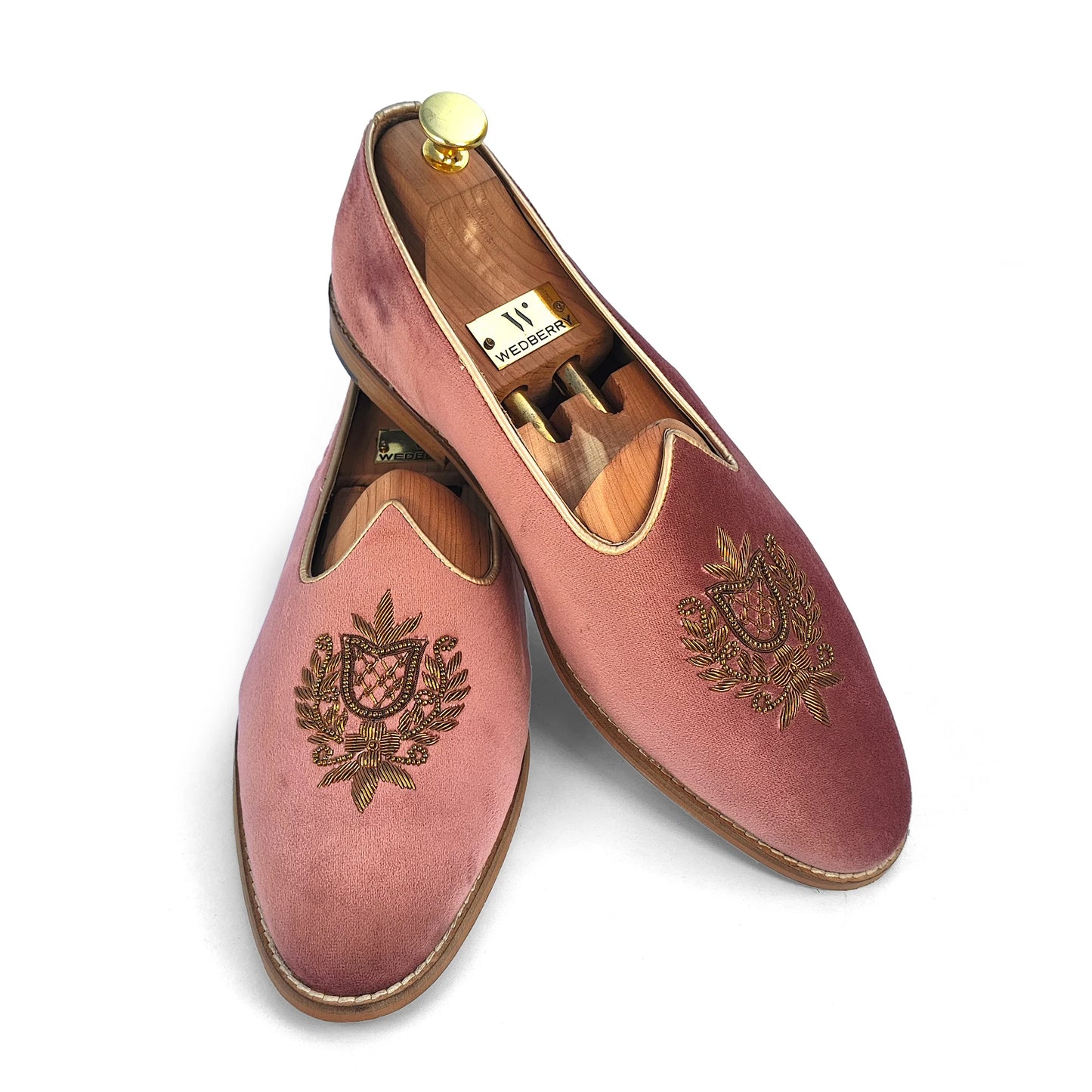 Pink Velvet Antique Gold Zardozi Handwork Wedding Shoes Ethnic Mojari for Men