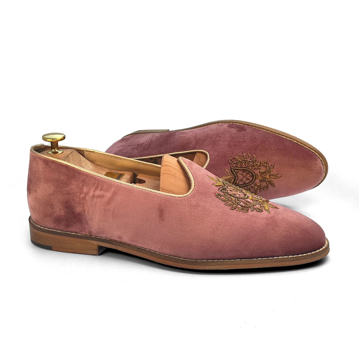 Pink Velvet Antique Gold Zardozi Handwork Wedding Shoes Ethnic Mojari for Men