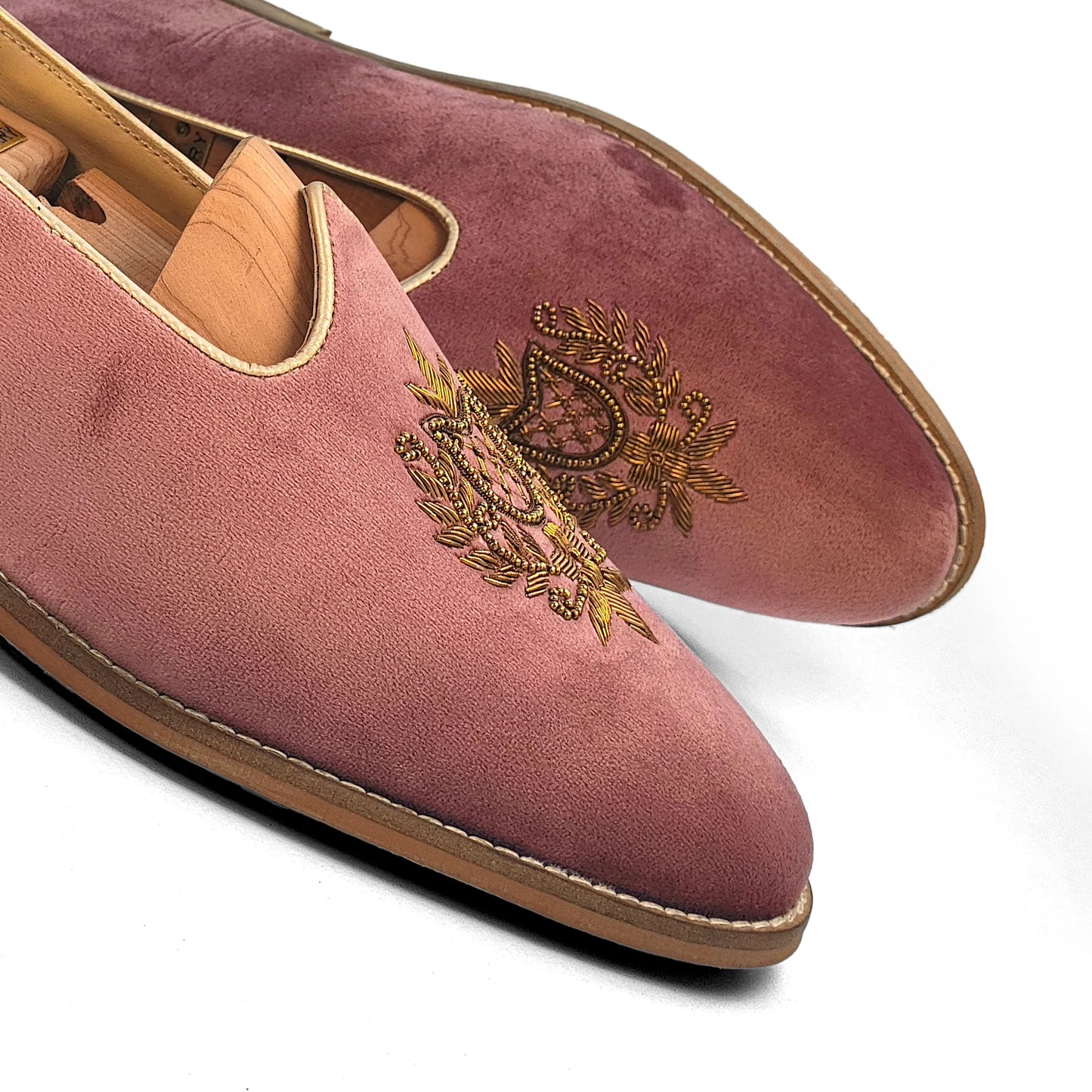 Pink Velvet Antique Gold Zardozi Handwork Wedding Shoes Ethnic Mojari for Men