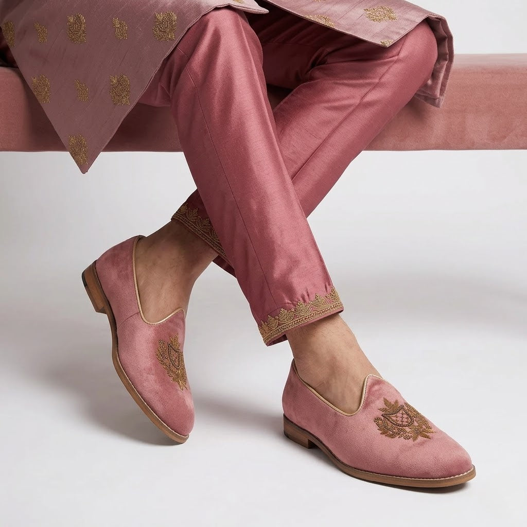 Pink Velvet Antique Gold Zardozi Handwork Wedding Shoes Ethnic Mojari for Men