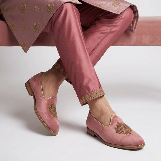 Pink Velvet Antique Gold Zardozi Handwork Wedding Shoes Ethnic Mojari for Men