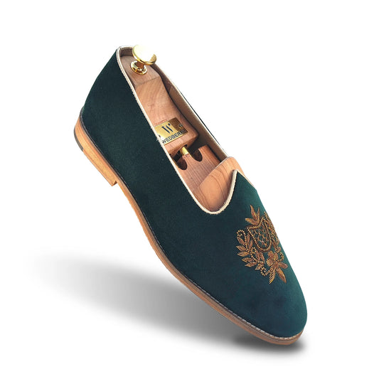 Forest Green Velvet Antique Gold Zardozi Handwork Wedding Shoes Ethnic Mojari for Men