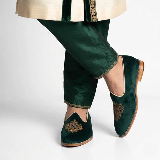 Forest Green Velvet Antique Gold Zardozi Handwork Wedding Shoes Ethnic Mojari for Men