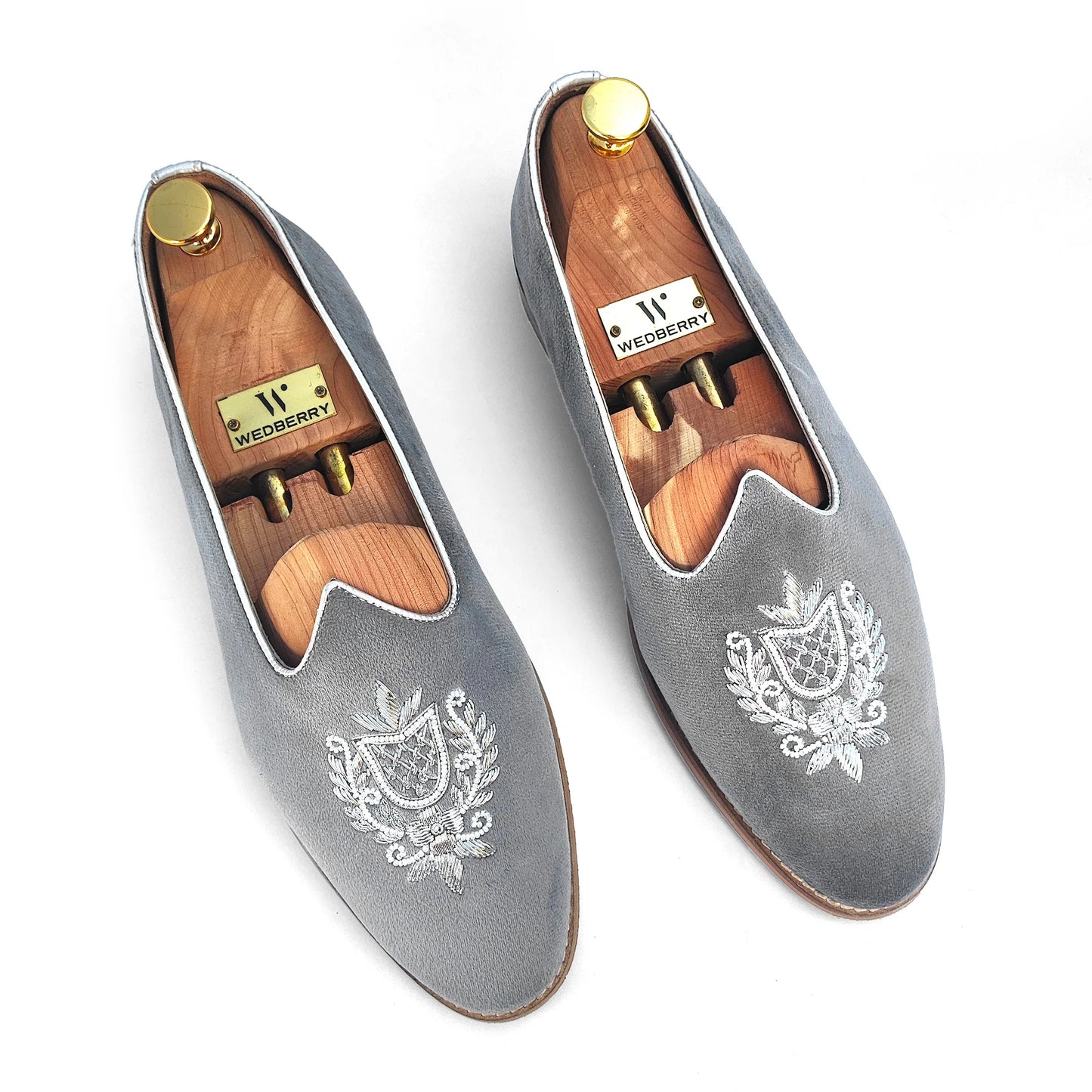 Grey Velvet Silver Zardozi Handwork Wedding Shoes Ethnic Mojari for Men