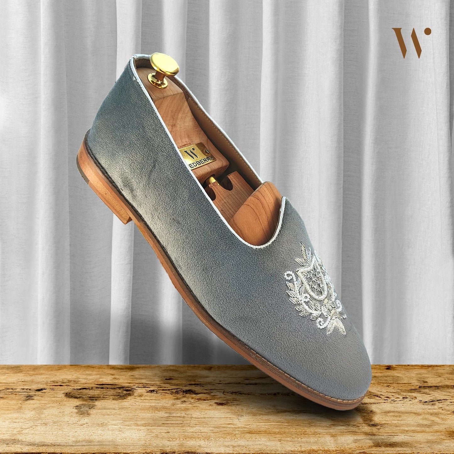 Grey Velvet Silver Zardozi Handwork Wedding Shoes Ethnic Mojari for Men