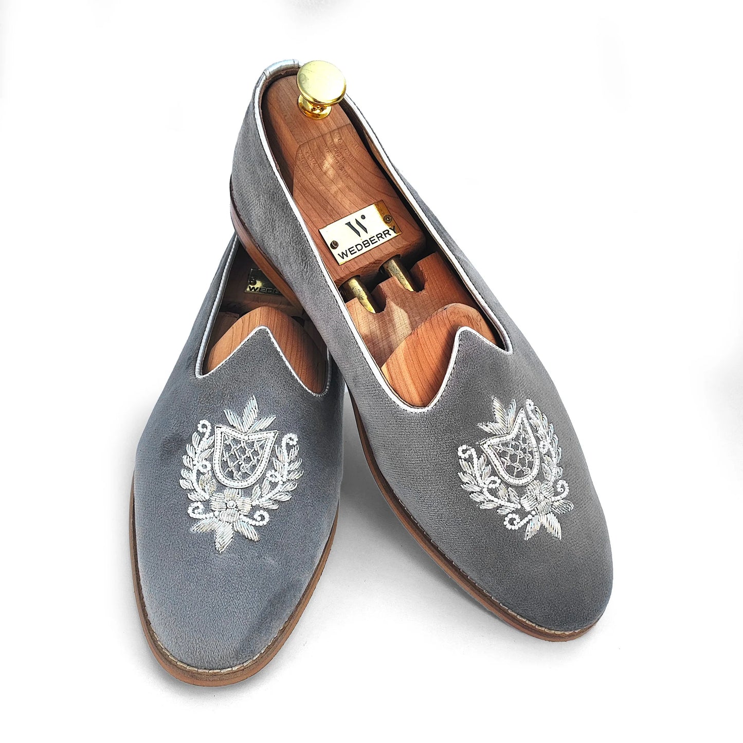 Grey Velvet Silver Zardozi Handwork Wedding Shoes Ethnic Mojari for Men