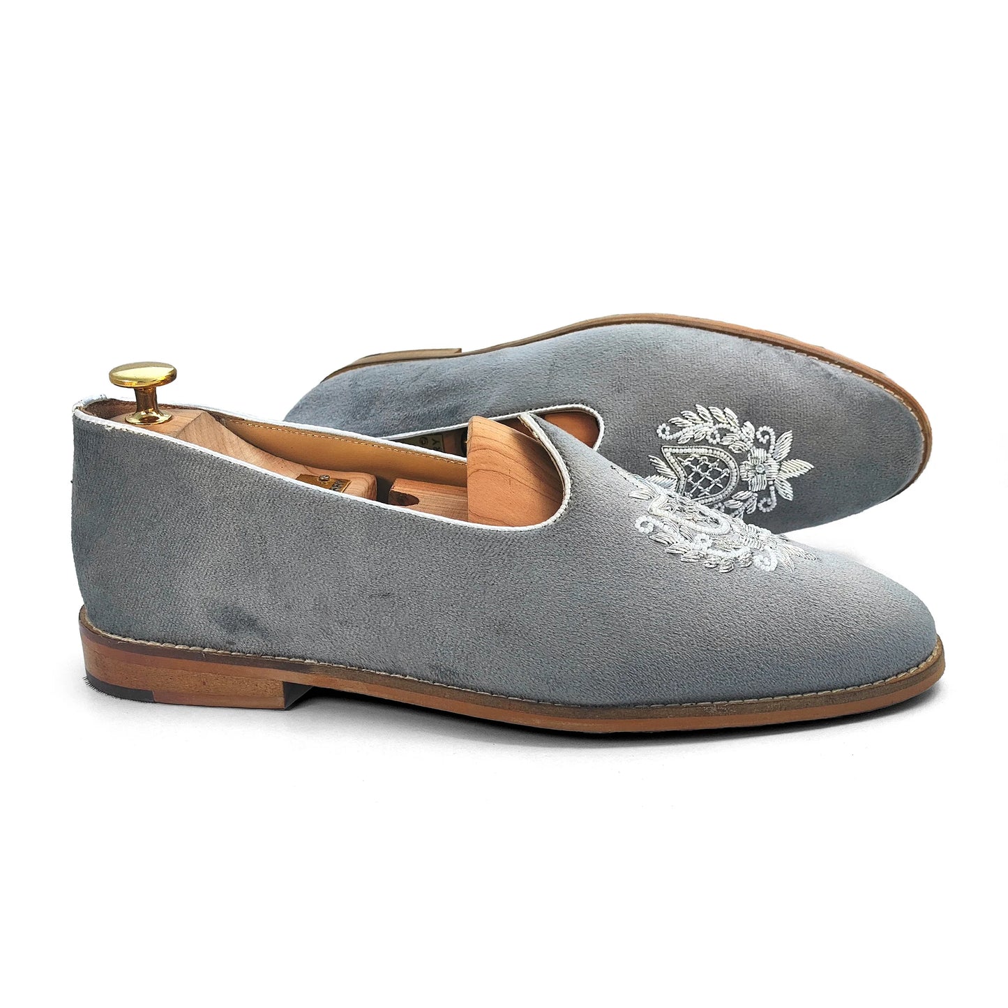 Grey Velvet Silver Zardozi Handwork Wedding Shoes Ethnic Mojari for Men