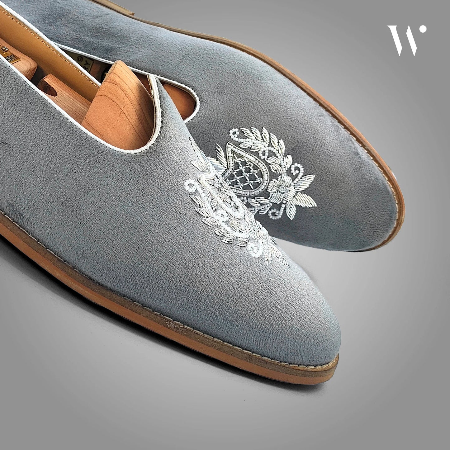 Grey Velvet Silver Zardozi Handwork Wedding Shoes Ethnic Mojari for Men