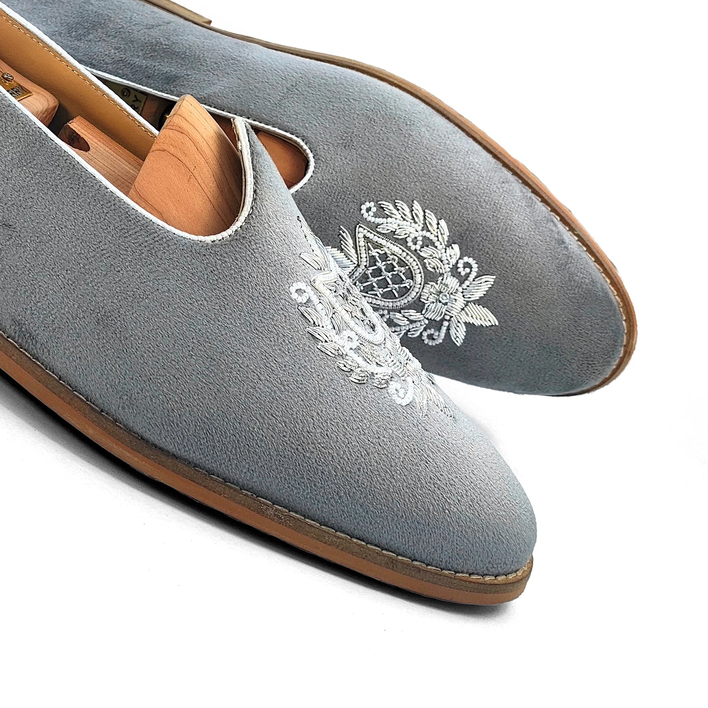 Grey Velvet Silver Zardozi Handwork Wedding Shoes Ethnic Mojari for Men