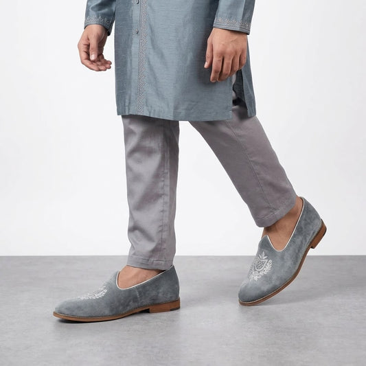 Grey Velvet Silver Zardozi Handwork Wedding Shoes Ethnic Mojari for Men