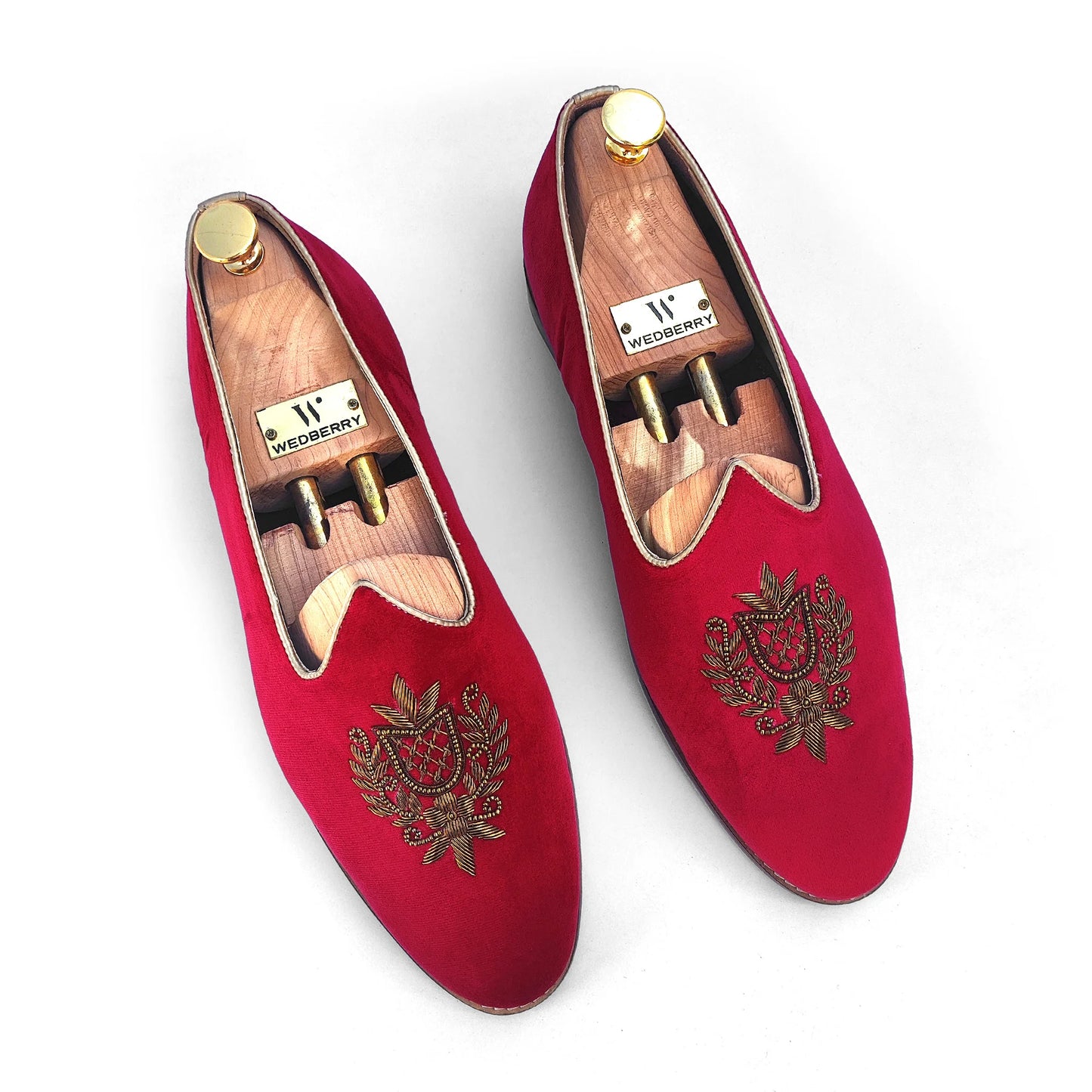 Red Velvet Antique Gold Zardozi Handwork Wedding Shoes Ethnic Mojari for Men