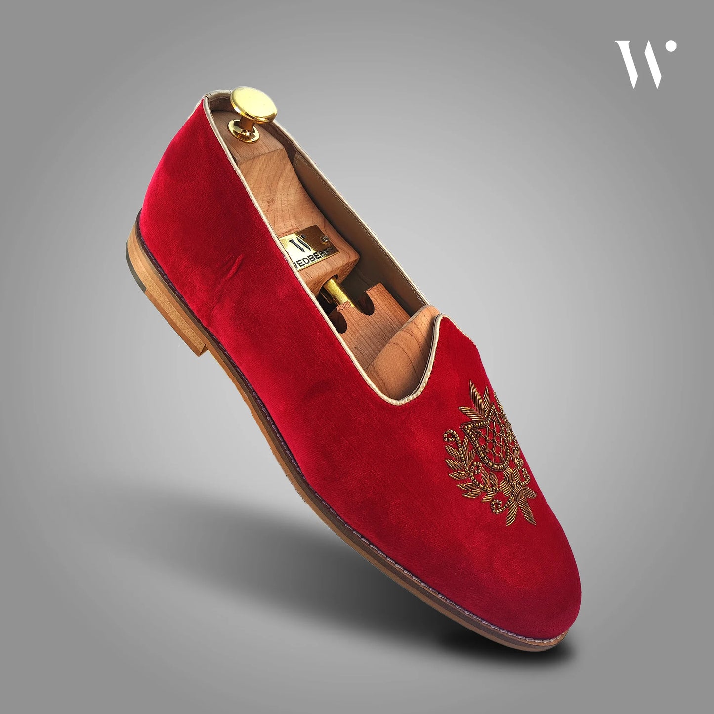 Red Velvet Antique Gold Zardozi Handwork Wedding Shoes Ethnic Mojari for Men