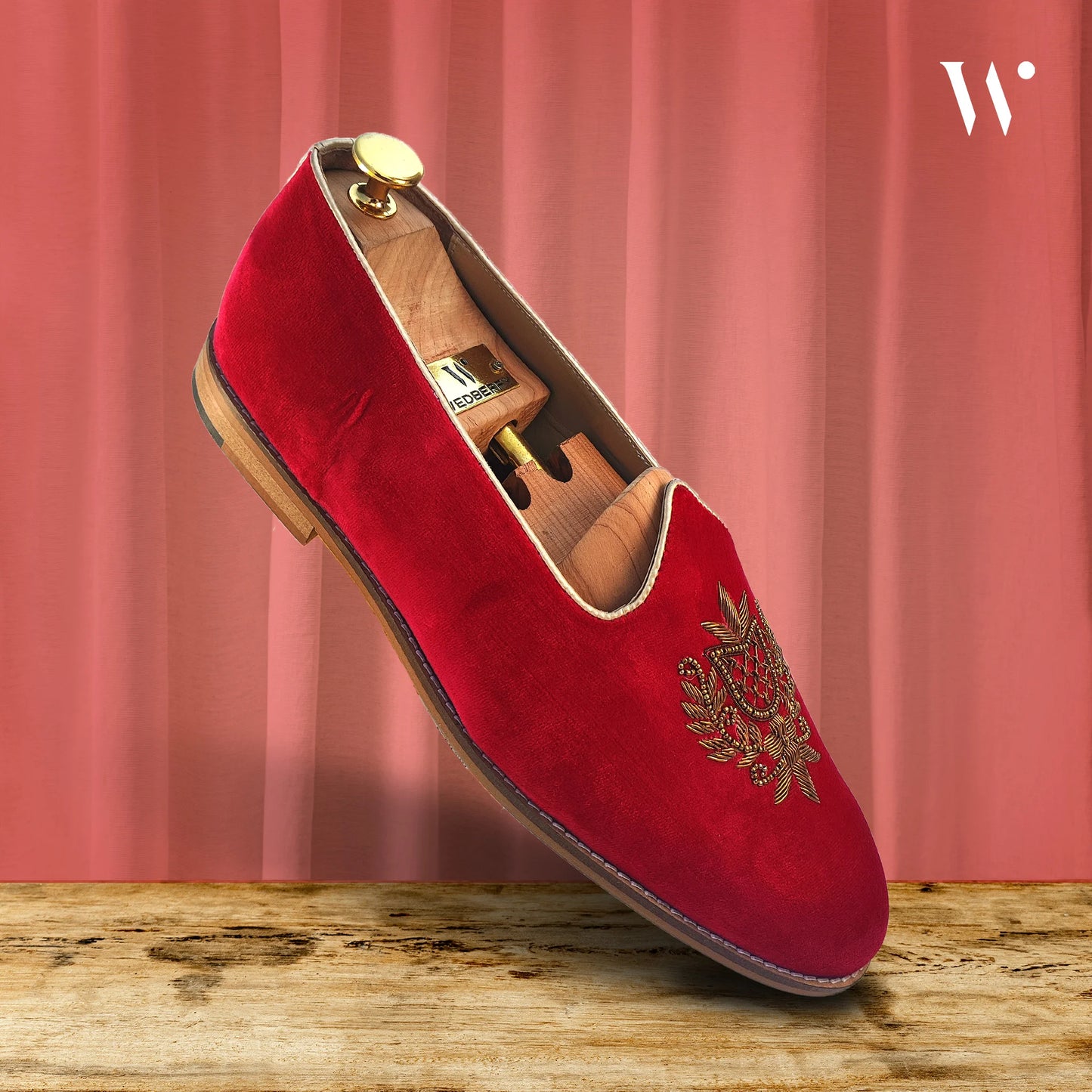 Red Velvet Antique Gold Zardozi Handwork Wedding Shoes Ethnic Mojari for Men