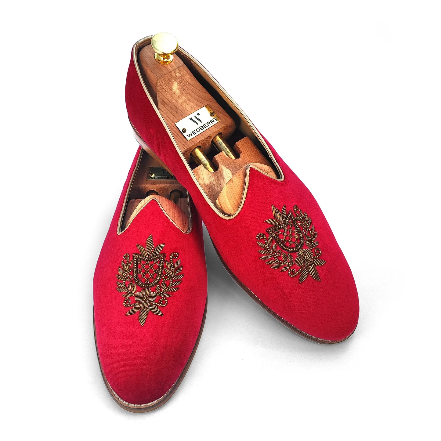 Red Velvet Antique Gold Zardozi Handwork Wedding Shoes Ethnic Mojari for Men