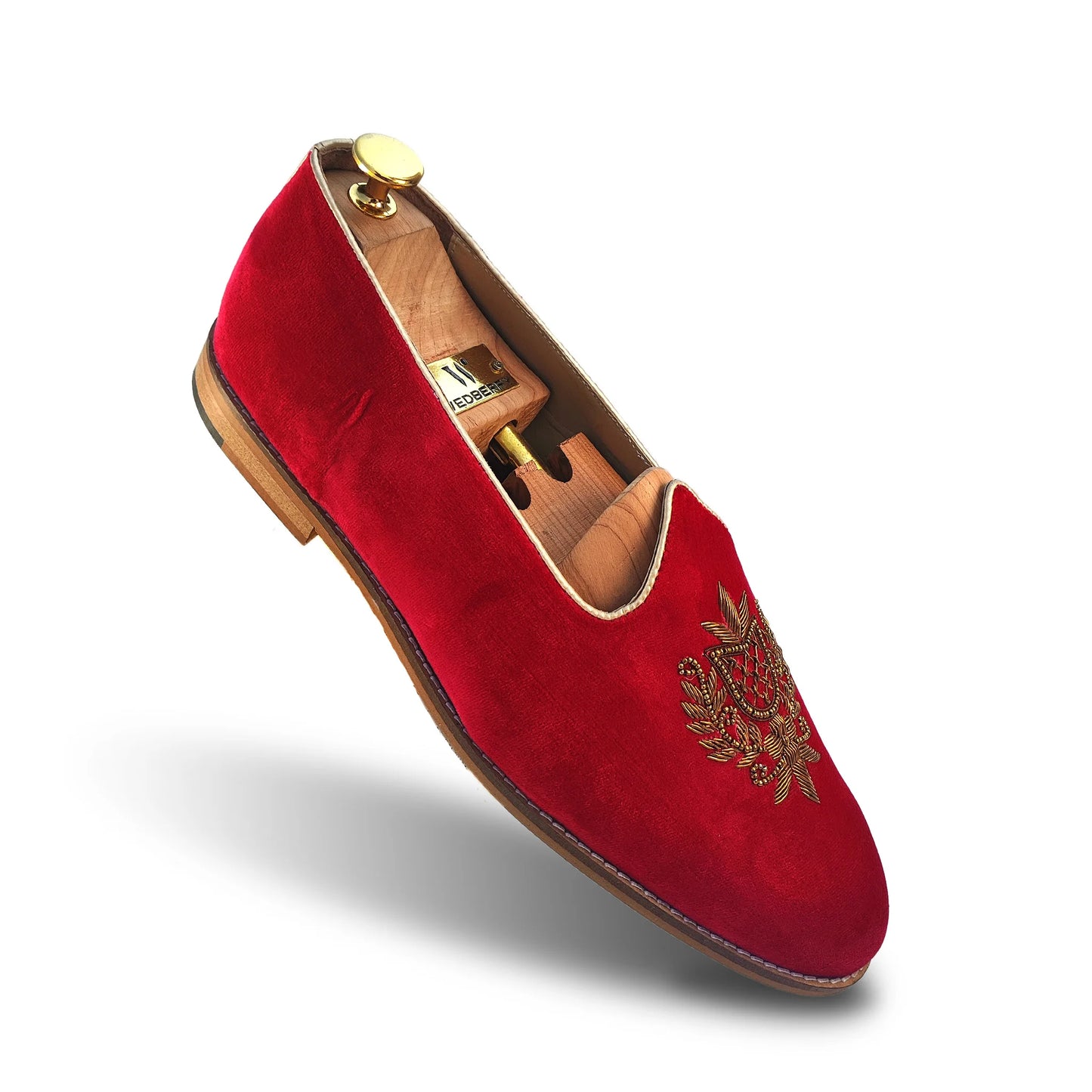 Red Velvet Antique Gold Zardozi Handwork Wedding Shoes Ethnic Mojari for Men