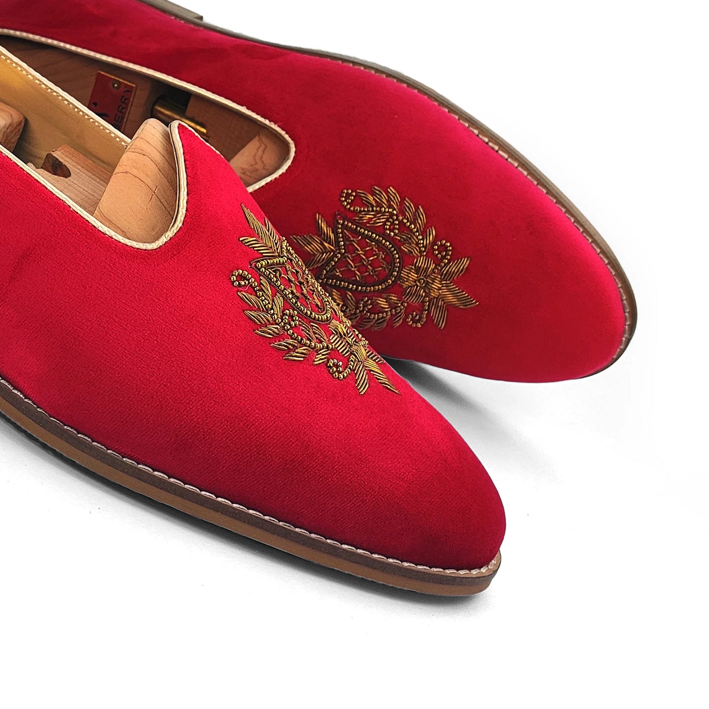 Red Velvet Antique Gold Zardozi Handwork Wedding Shoes Ethnic Mojari for Men