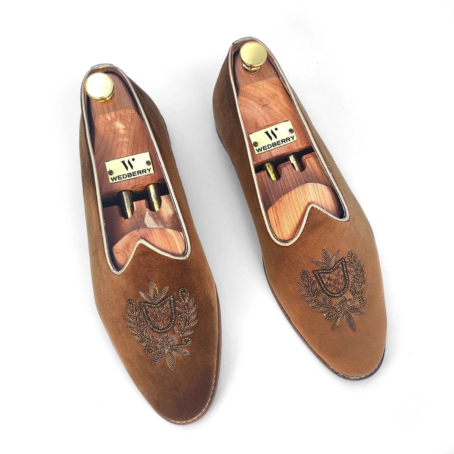 Tan Rust Velvet Antique Gold Zardozi Handwork Wedding Shoes Ethnic Mojari for Men