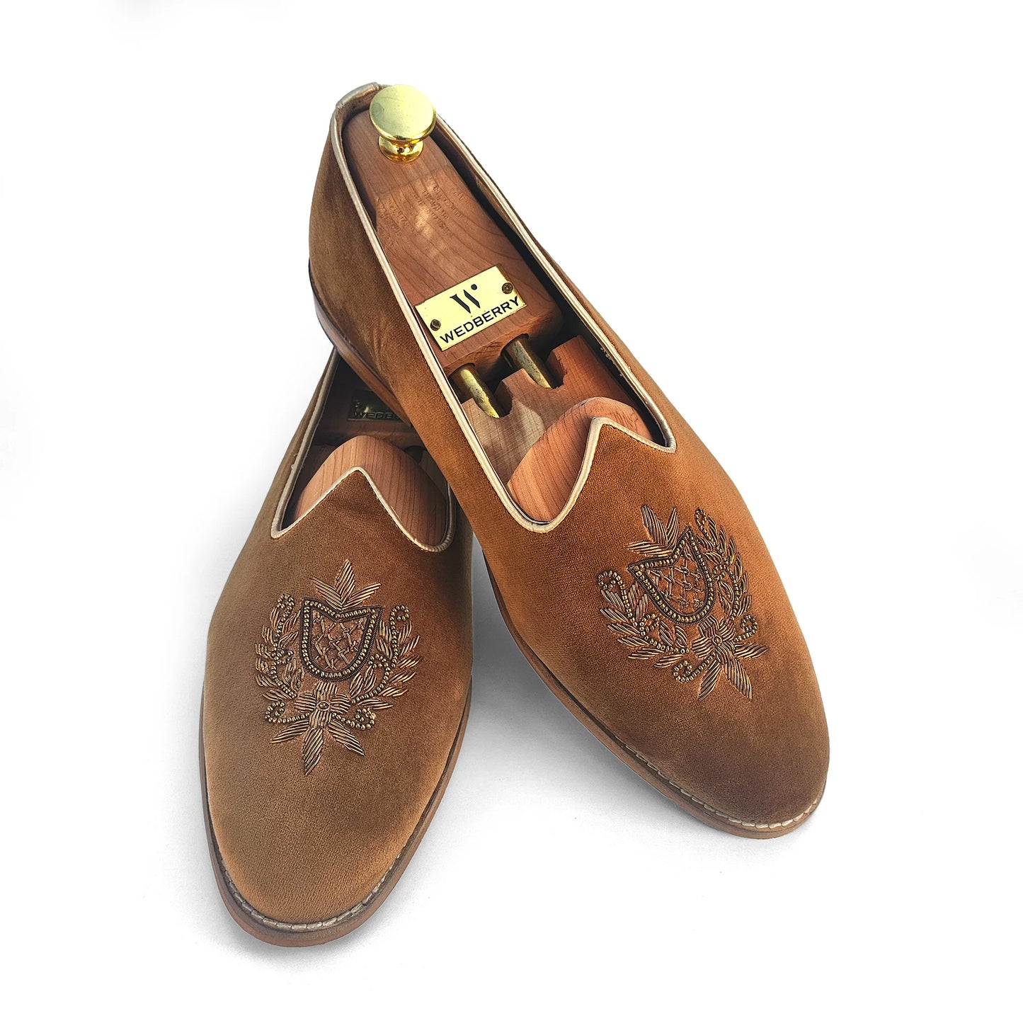 Tan Rust Velvet Antique Gold Zardozi Handwork Wedding Shoes Ethnic Mojari for Men