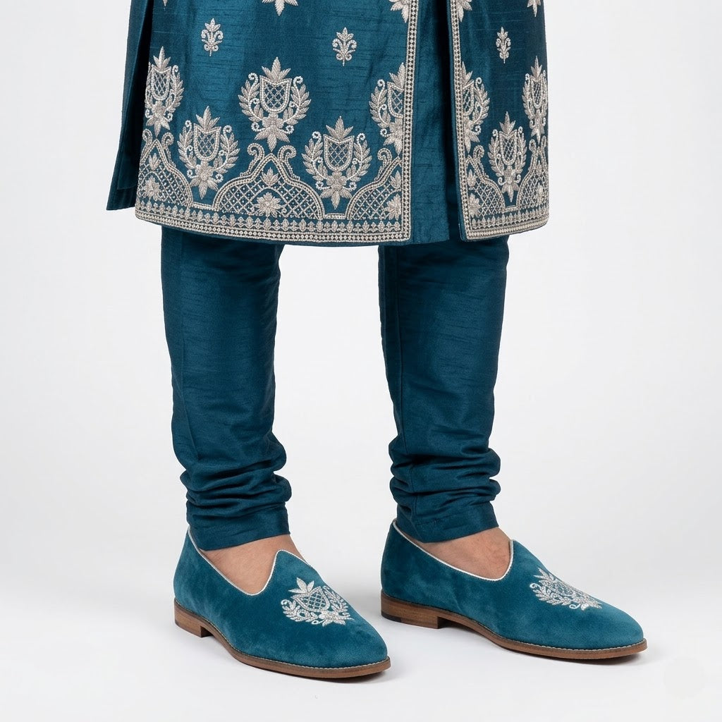Turquoise Blue Velvet Silver Zardozi Handwork Wedding Shoes Ethnic Mojari for Men