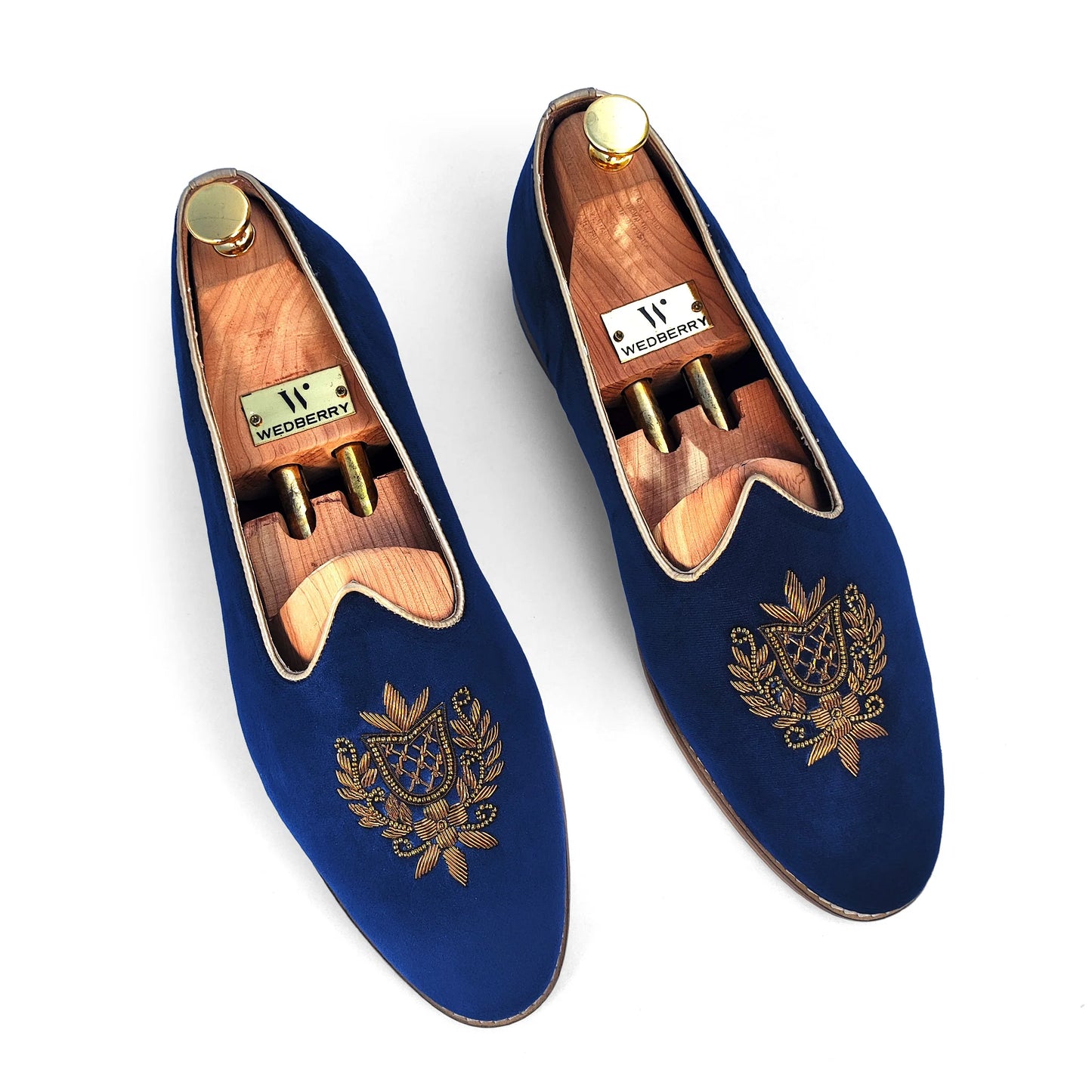 Navy Blue Velvet Antique Gold Zardozi Handwork Wedding Shoes Ethnic Mojari for Men