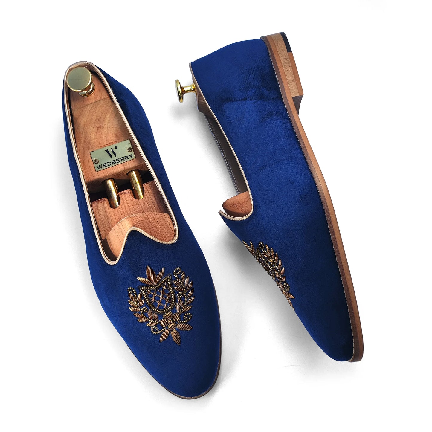 Navy Blue Velvet Antique Gold Zardozi Handwork Wedding Shoes Ethnic Mojari for Men