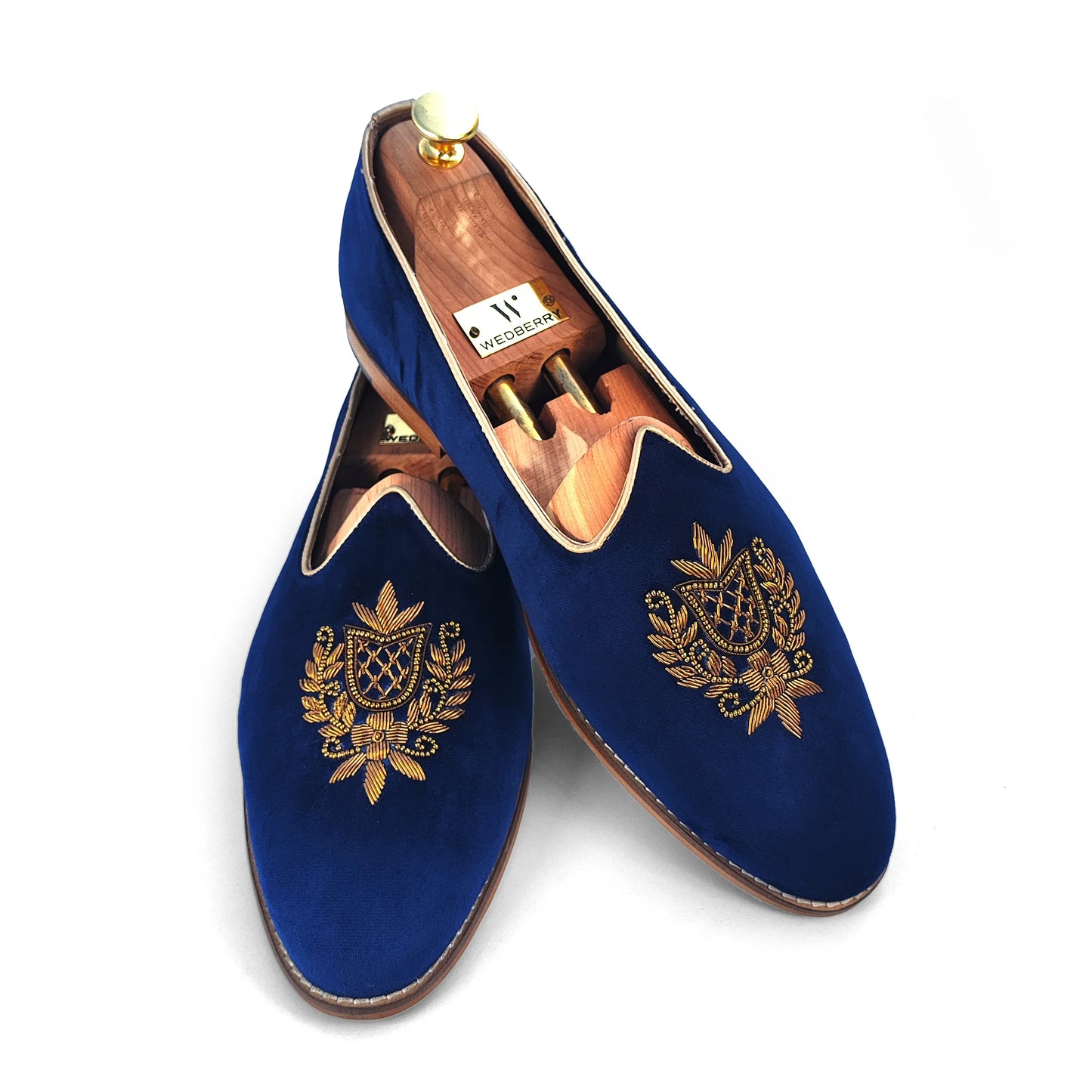 Navy Blue Velvet Antique Gold Zardozi Handwork Wedding Shoes Ethnic Mojari for Men