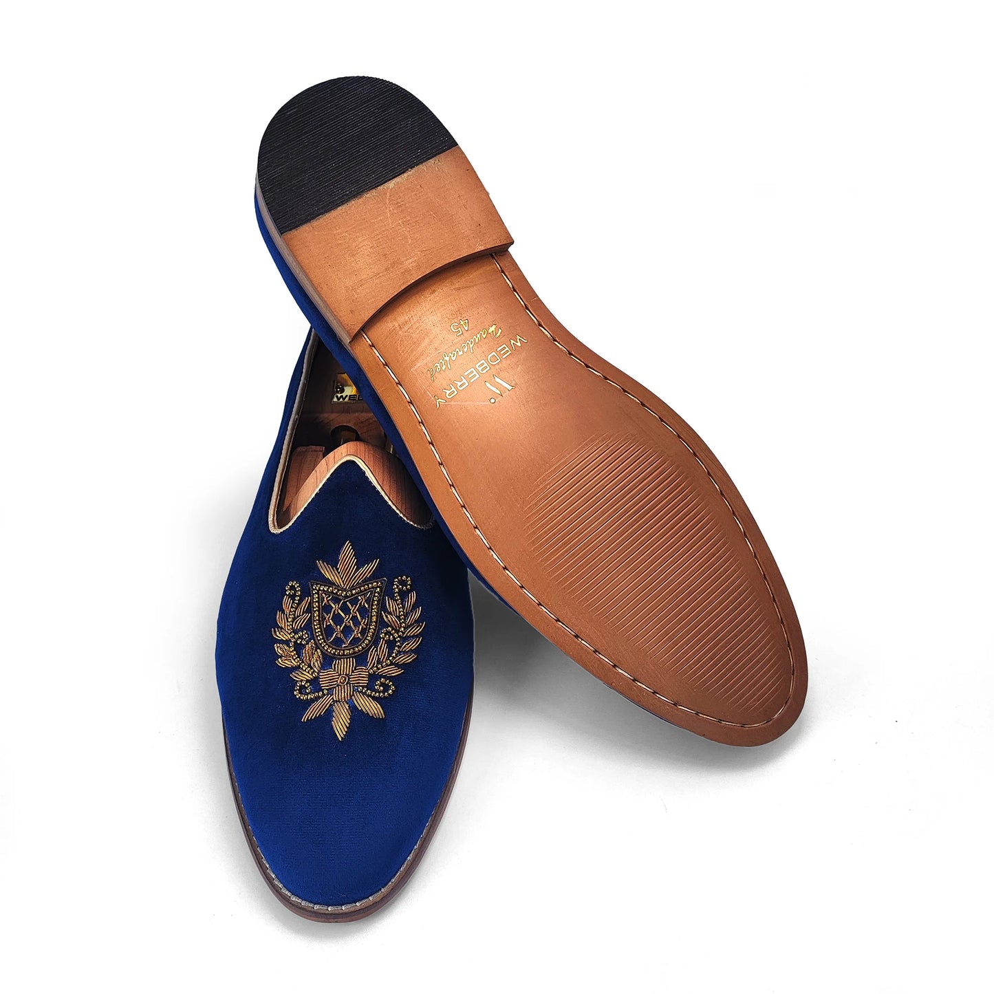 Navy Blue Velvet Antique Gold Zardozi Handwork Wedding Shoes Ethnic Mojari for Men