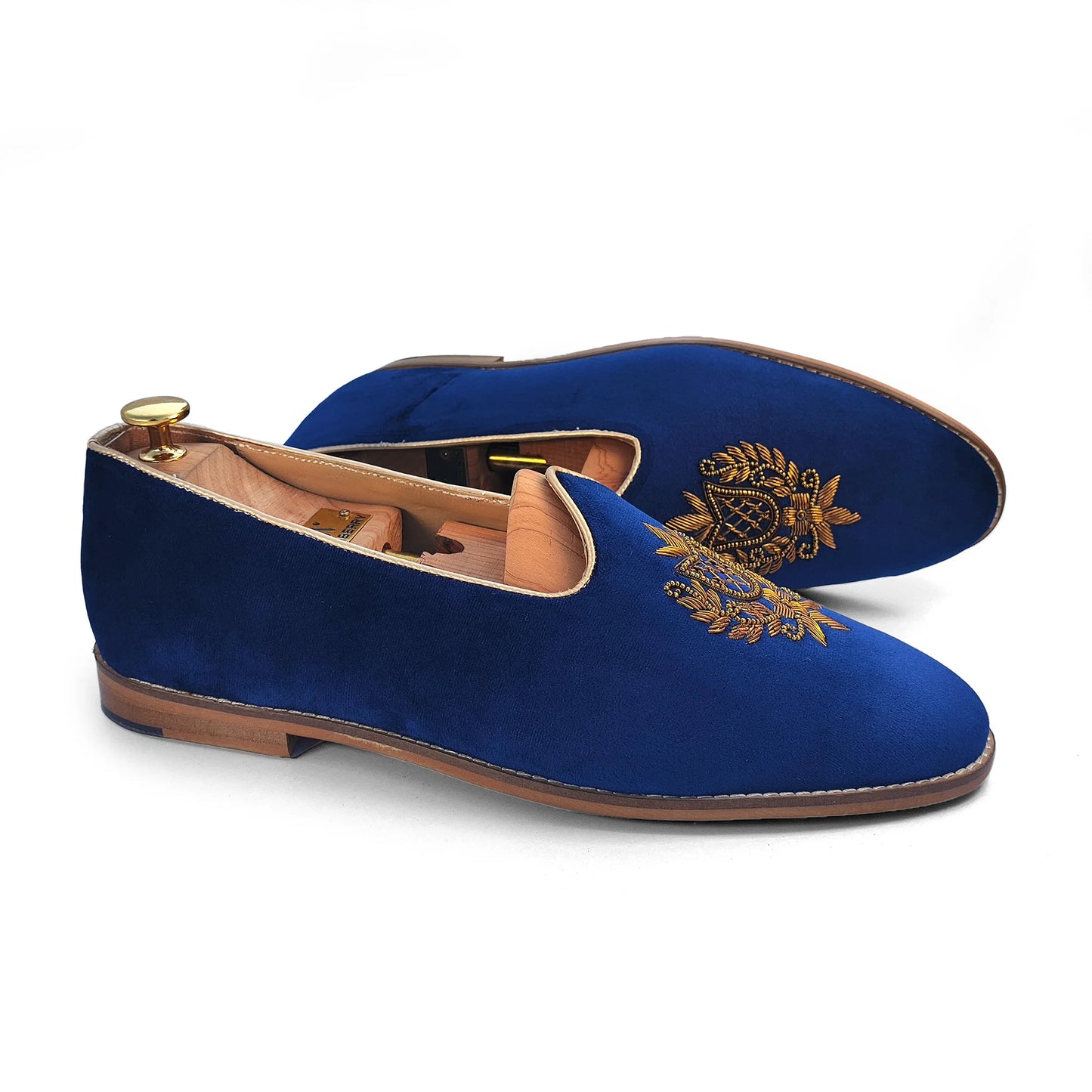 Navy Blue Velvet Antique Gold Zardozi Handwork Wedding Shoes Ethnic Mojari for Men