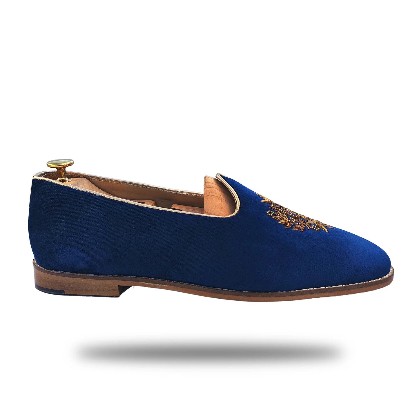 Navy Blue Velvet Antique Gold Zardozi Handwork Wedding Shoes Ethnic Mojari for Men