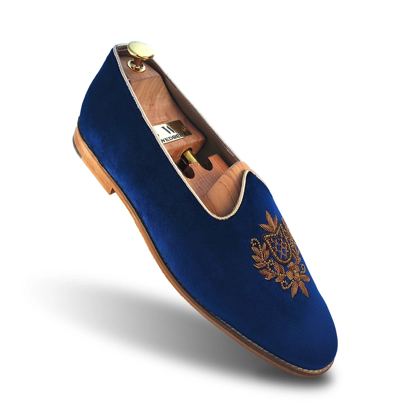 Navy Blue Velvet Antique Gold Zardozi Handwork Wedding Shoes Ethnic Mojari for Men