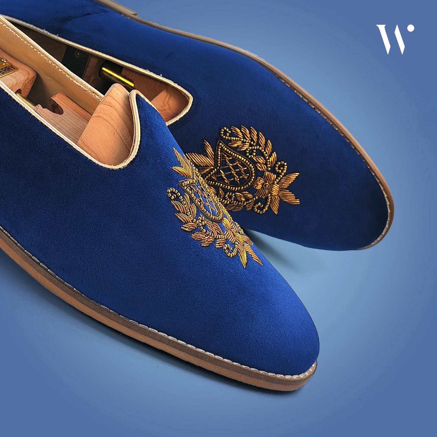 Navy Blue Velvet Antique Gold Zardozi Handwork Wedding Shoes Ethnic Mojari for Men