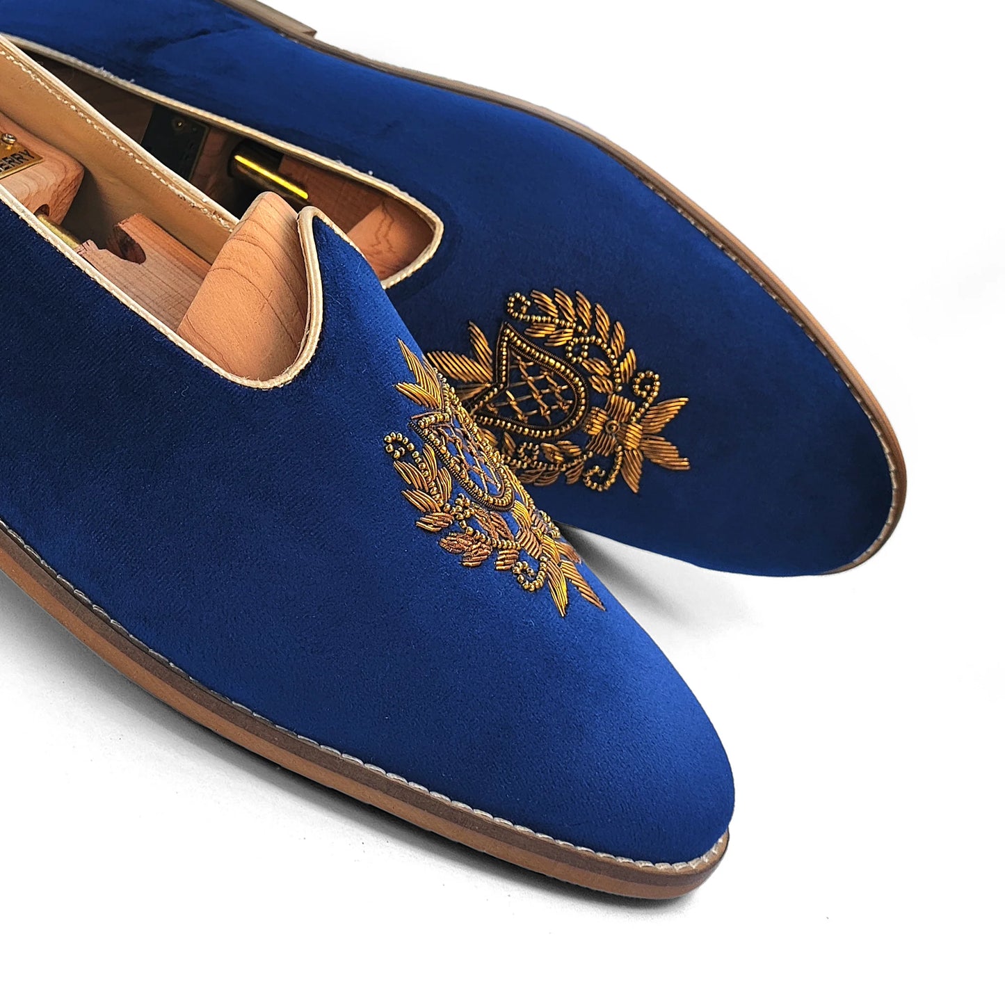 Navy Blue Velvet Antique Gold Zardozi Handwork Wedding Shoes Ethnic Mojari for Men