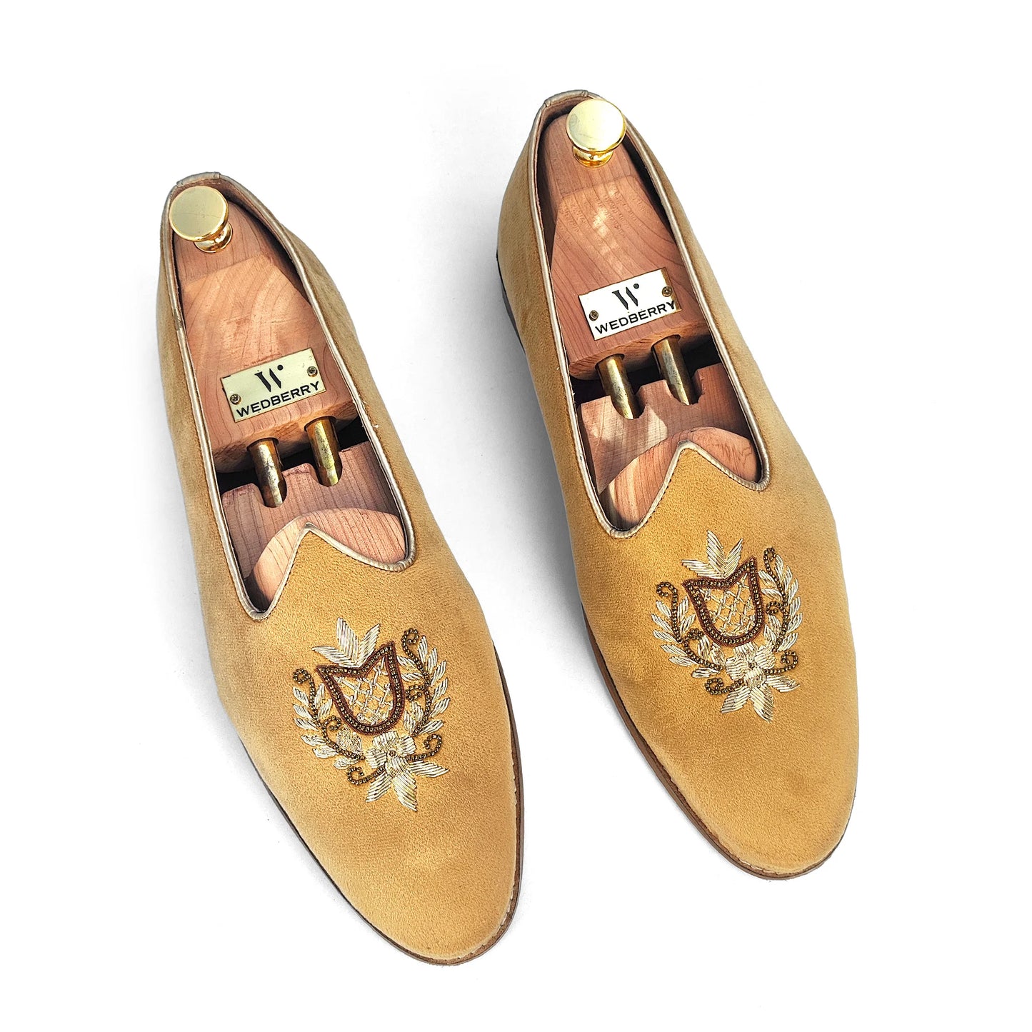 Gold Velvet Antique Gold Zardozi Handwork Wedding Shoes Ethnic Mojari for Men