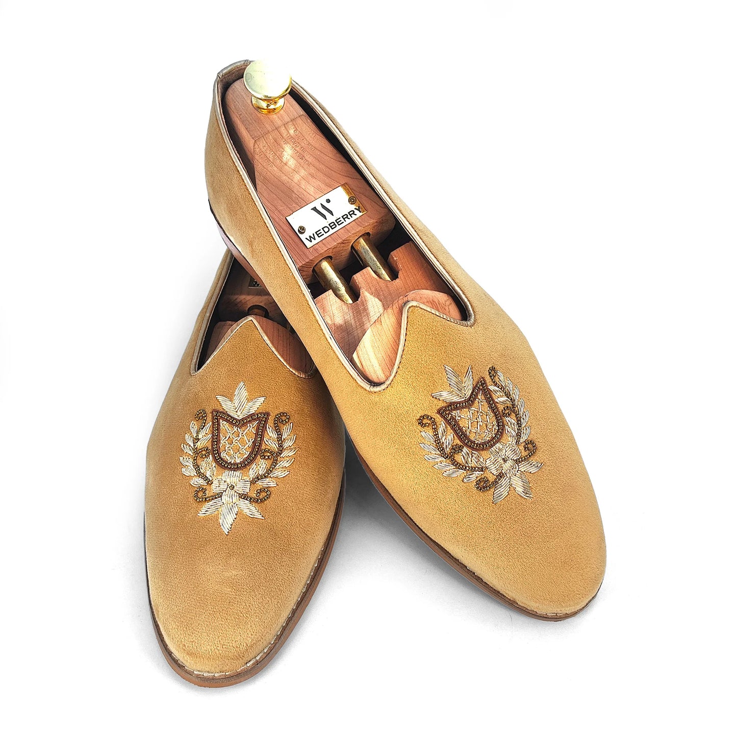 Gold Velvet Antique Gold Zardozi Handwork Wedding Shoes Ethnic Mojari for Men