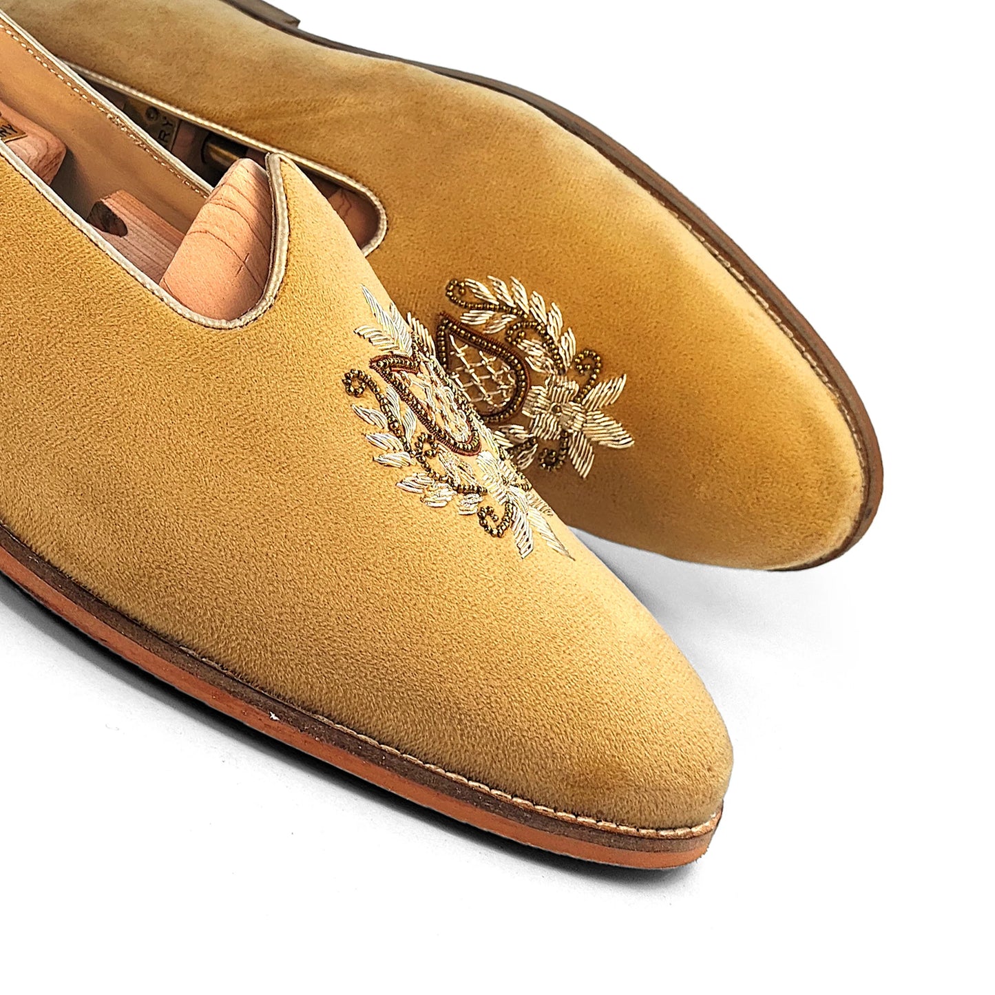 Gold Velvet Antique Gold Zardozi Handwork Wedding Shoes Ethnic Mojari for Men