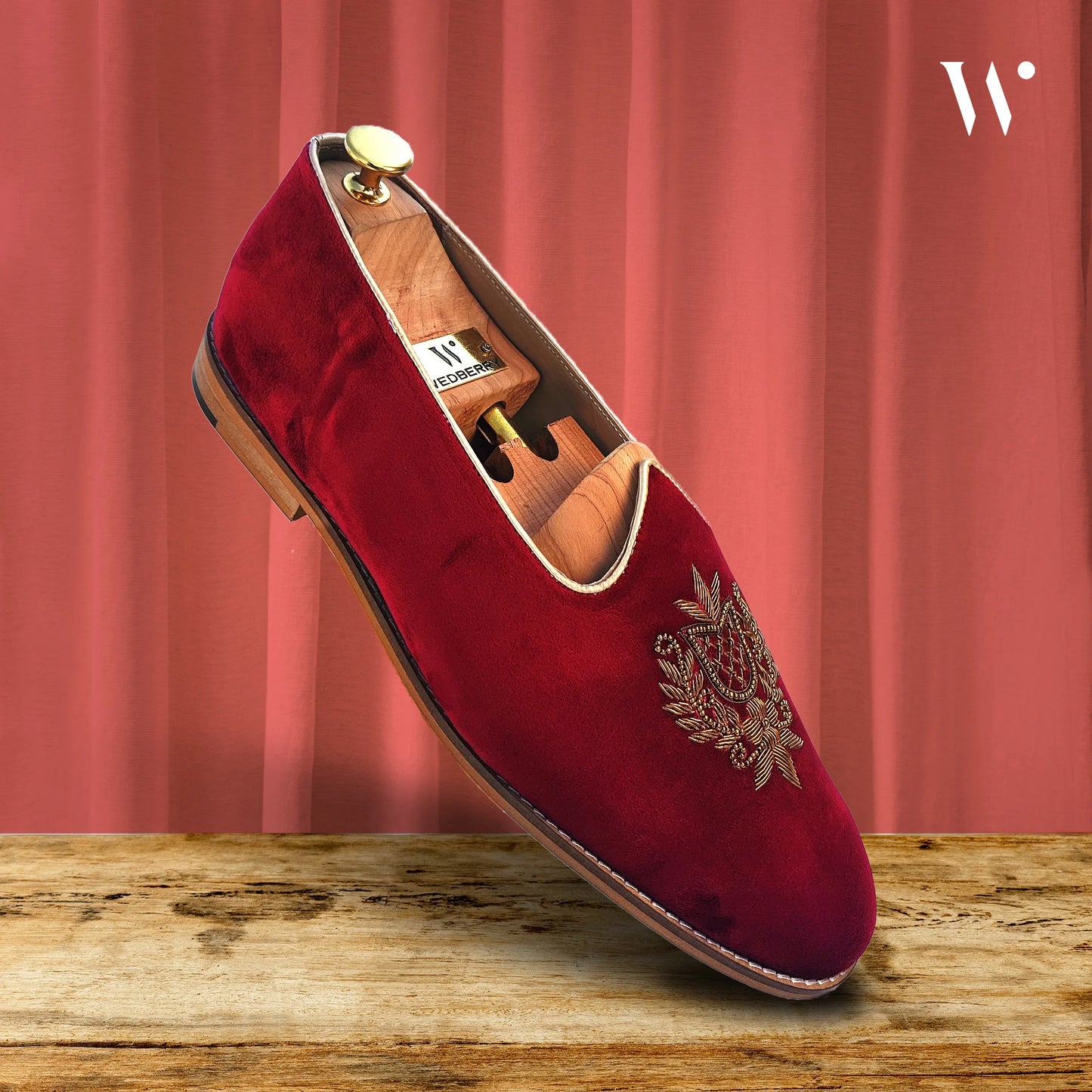 Maroon Velvet Antique Gold Zardozi Handwork Wedding Shoes Ethnic Mojari for Men