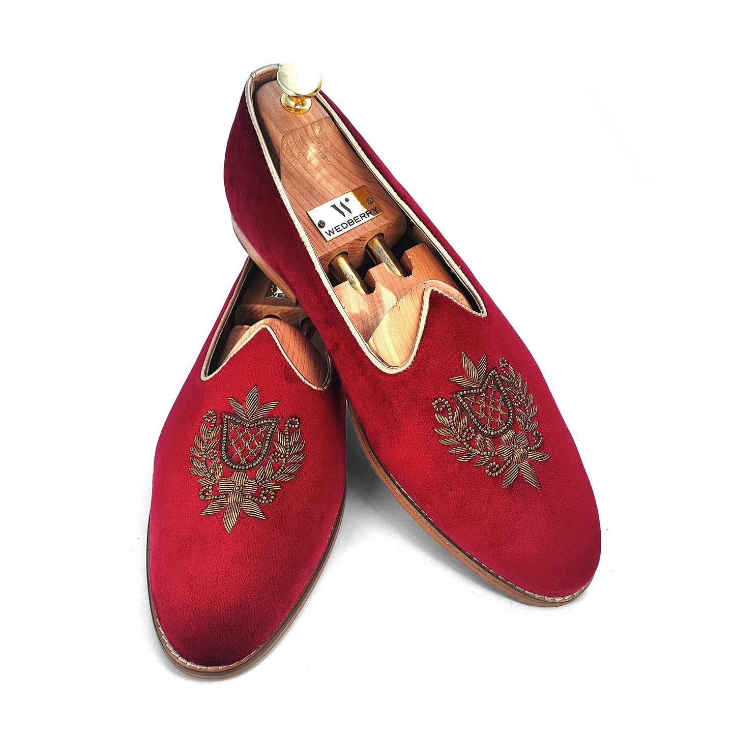 Maroon Velvet Antique Gold Zardozi Handwork Wedding Shoes Ethnic Mojari for Men