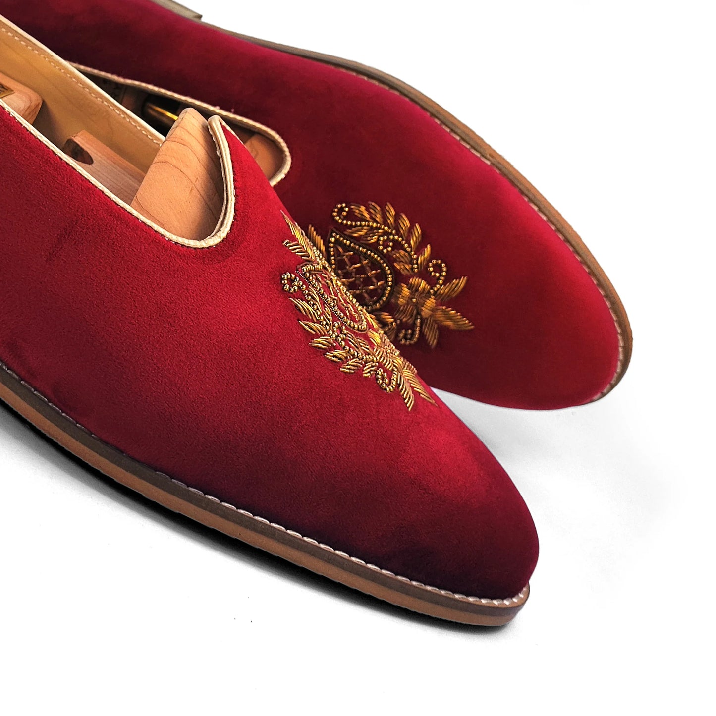 Maroon Velvet Antique Gold Zardozi Handwork Wedding Shoes Ethnic Mojari for Men